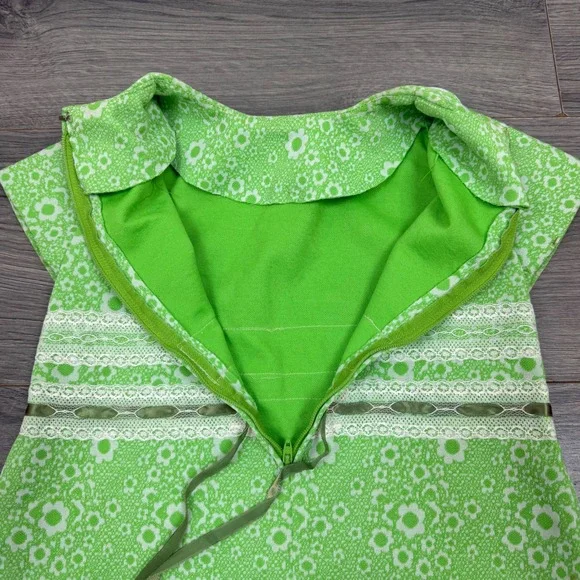 Vintage Handmade Girls 3T Green Floral Lace Shift Dress Short Sleeve Retro 70s - Picture 11 of 14